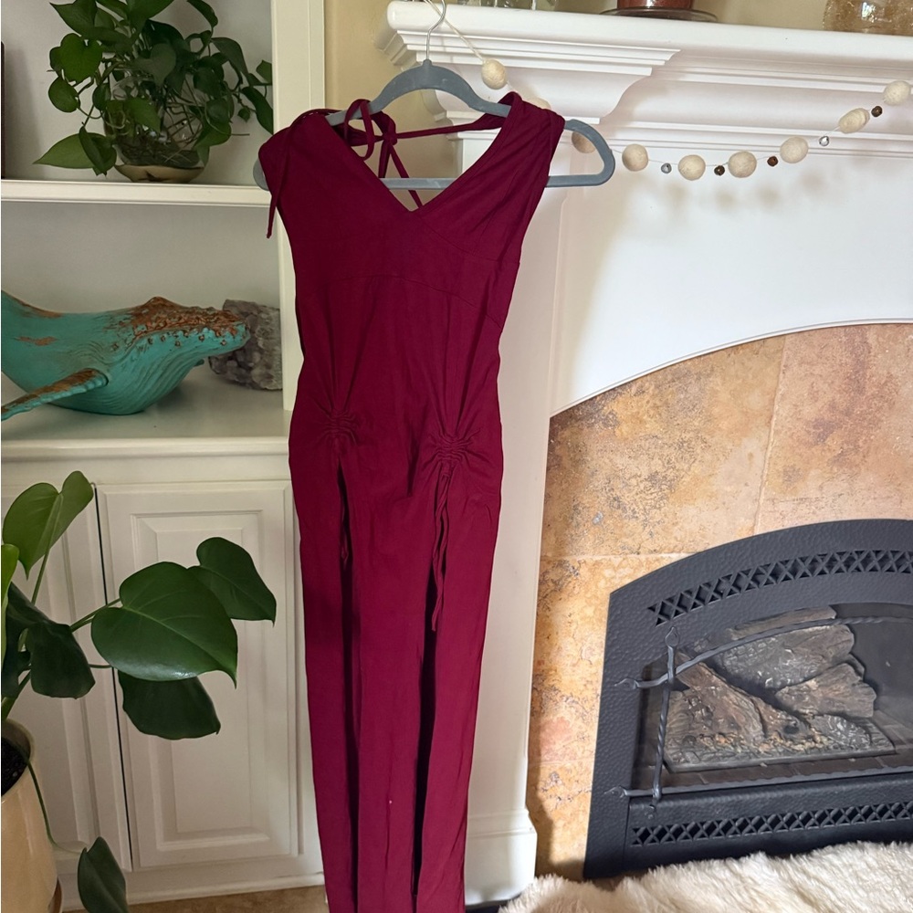 Deep Burgundy Sleeveless Jumpsuit with V-Neck